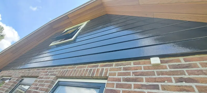 Houten gevel met antracietgrijze gevelbekleding en een dakraam.