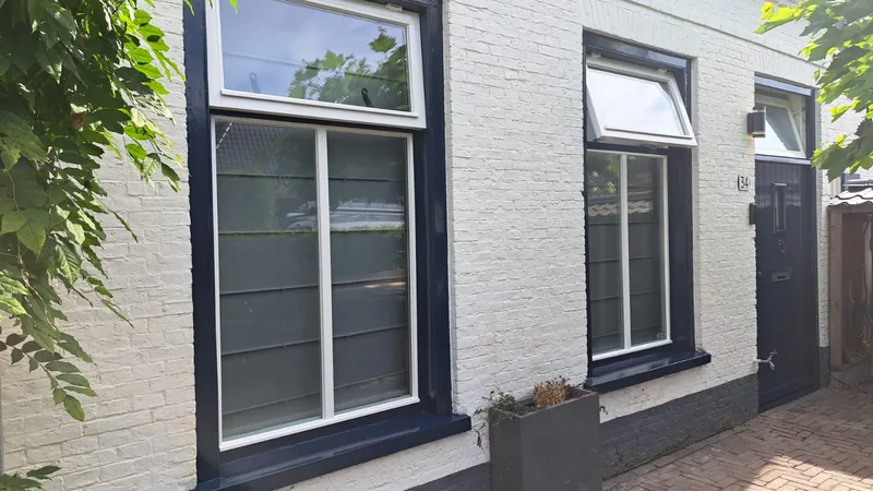 Wit geschilderde gevel met zwarte kozijnen en een donkere voordeur, met een klimplant ernaast.