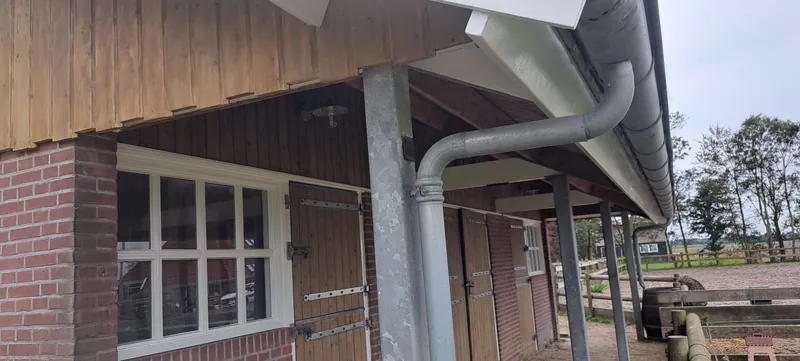Houten overkapping met witte kozijnen en een grijze regenpijp.