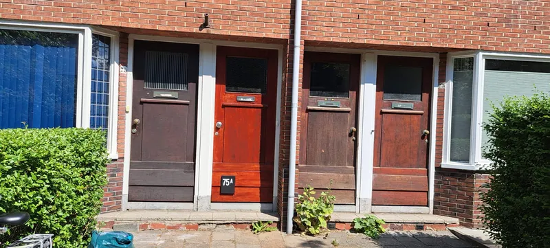 Rijtjeswoningen met pas gelakte rode voordeuren tussen bakstenen gevels.